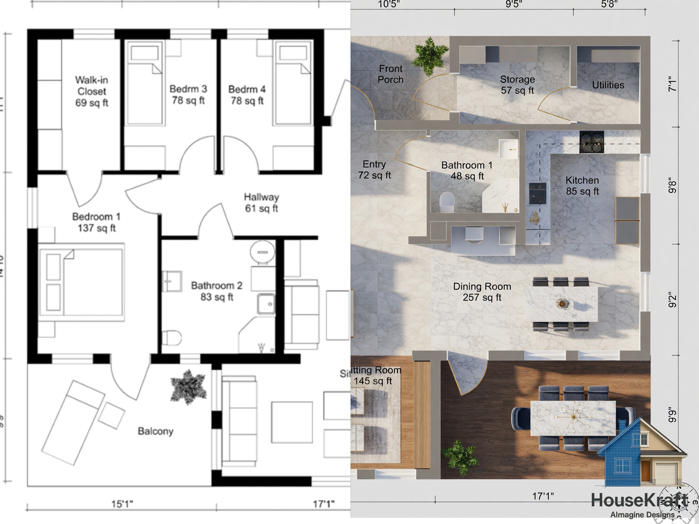 Dollhouse view from floor plan — photorealistic 3D render from a 2D plan